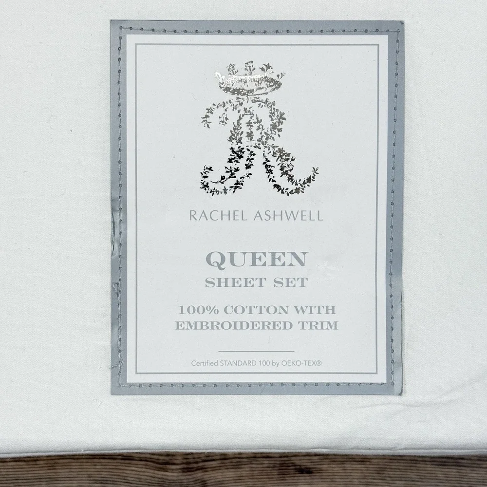 Rachel Ashwell Embroidered Eyelet Hem QUEEN Sheet Set White Pink 100% Cotton